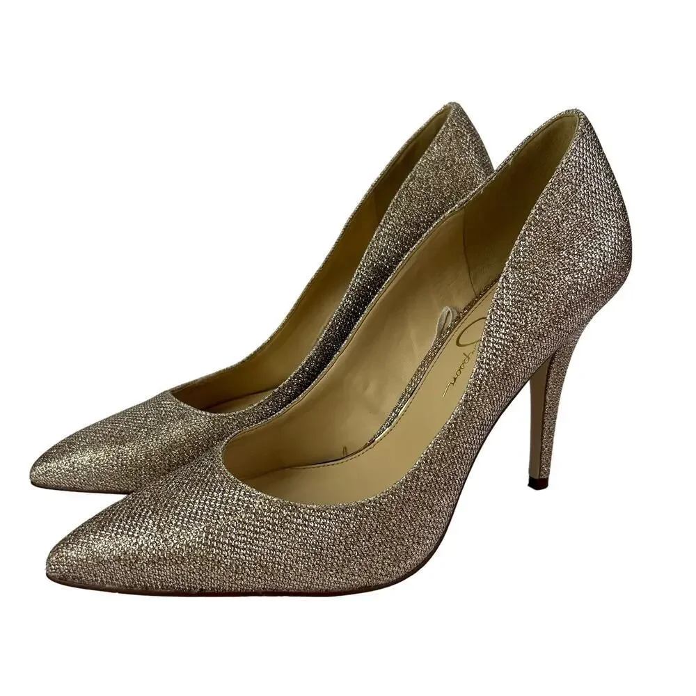 EUC Jessica Simpson Oravia 9 Shimmer Glitter Sparkle Gold Pump Heel Pointed Toe